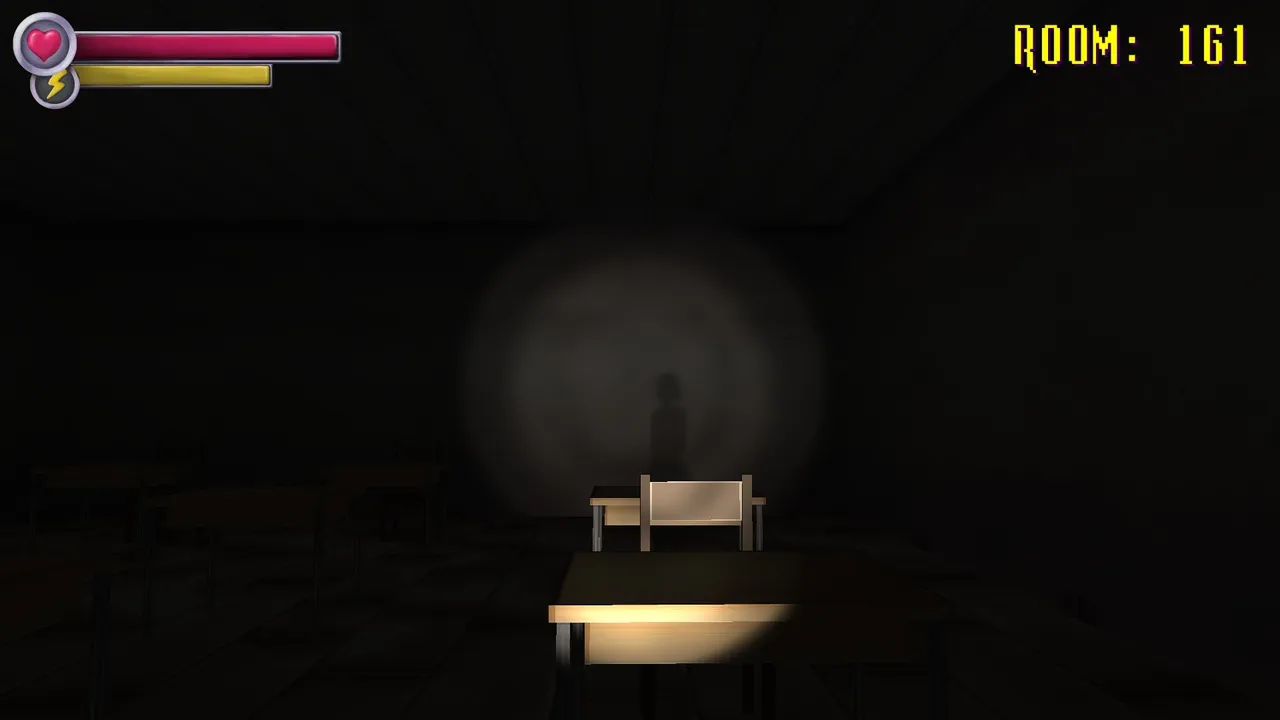 Spooky's Jump Scare Mansion: HD Renovation screenshot: a dark classroom at room 161 with a shadowy figure caught in the torch light behind the desks