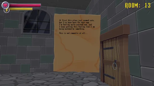 Spooky's Jump Scare Mansion: HD Renovation screenshot: a note on a stone wall at room 13 saying the place seemed cute at first, with health and stamina bars