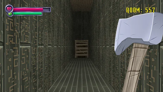 A narrow wooden corridor at Room 557 with an axe held in the foreground