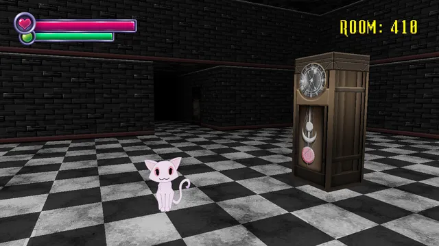 A dark chequered room with a grandfather clock and a cute pink cat, at Room 418