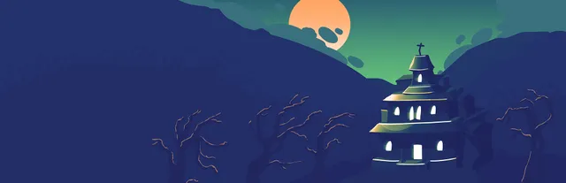 Spooky's Jump Scare Mansion art: a lone mansion on a dark blue hill under an orange moon