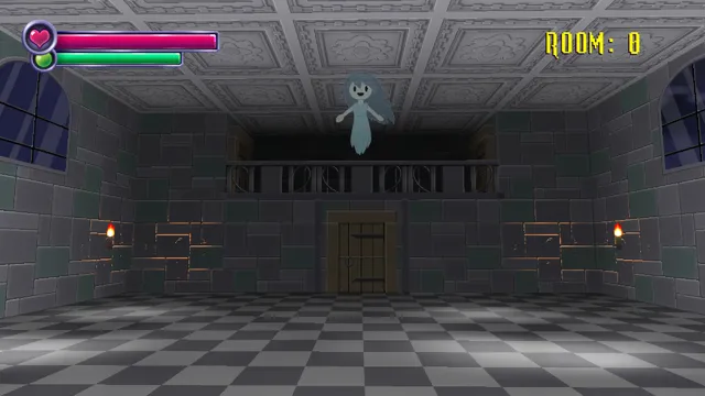 A stone hall with a chequered floor and a balcony where Spooky, a little blue ghost girl, floats, the room counter reading Room 0