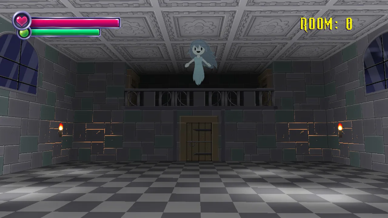 A stone hall with a chequered floor and a balcony where Spooky, a little blue ghost girl, floats, the room counter reading Room 0