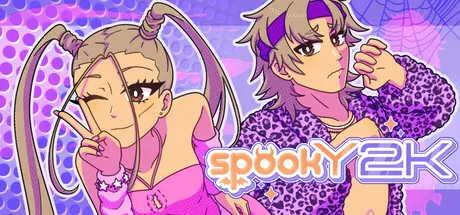 spookY2K key art: a girl with long pigtails winks beside a boy in a leopard-print jacket over a purple cobweb background