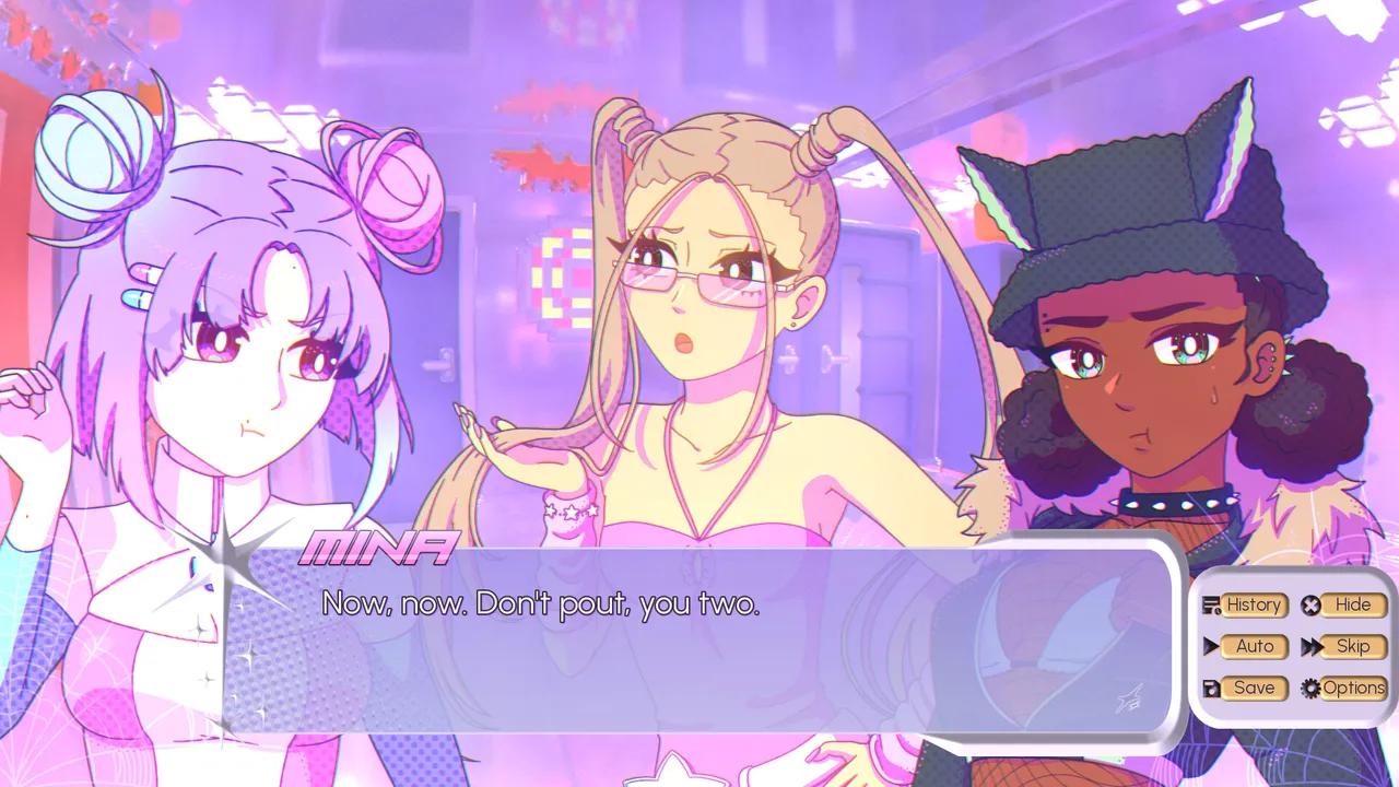 Three party guests in costume, one in a cat-ear hat, in a purple-lit room decorated for Halloween