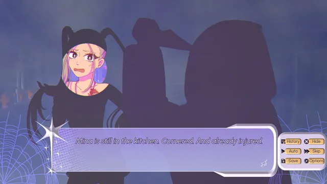 The character creator with face, hair and clothes options and a player character wearing devil horns