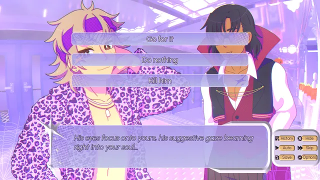 Two guests in costume as dialogue choices read Go for it, Do nothing and Kill him