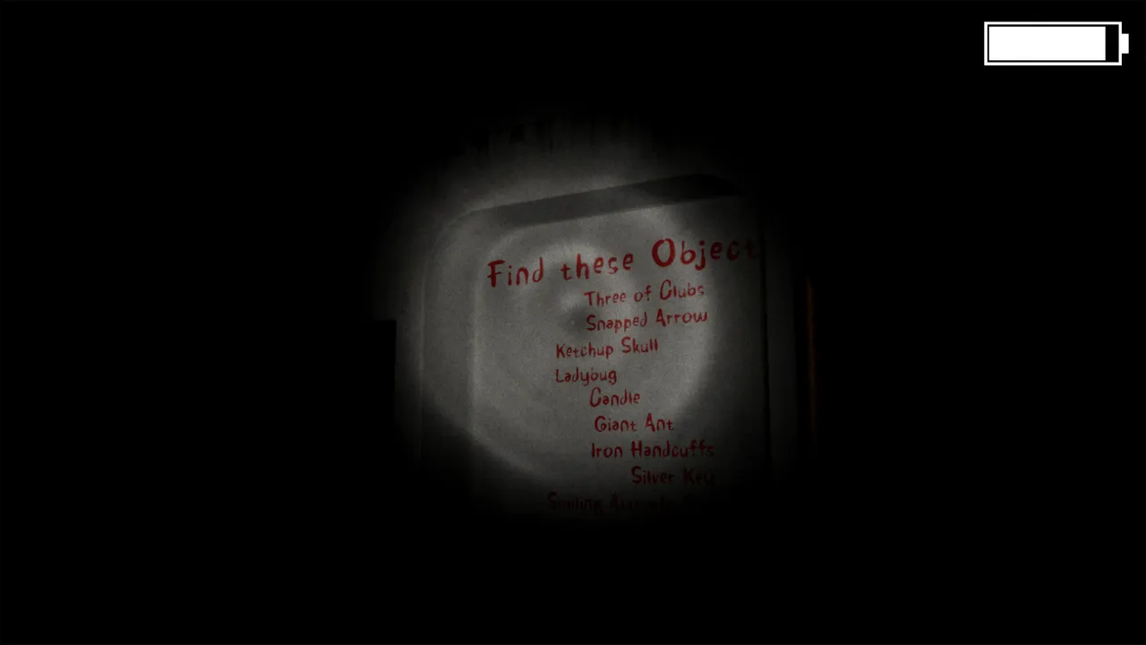 Sportaldislexicartaphobia screenshot: torchlight on a sign reading Find these Objects with a list including a ketchup skull, a ladybug and a silver key