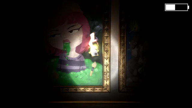 Sportaldislexicartaphobia screenshot: a torch beam lights a gilt-framed painting of a red-haired girl spewing green slime, with a battery meter in the corner