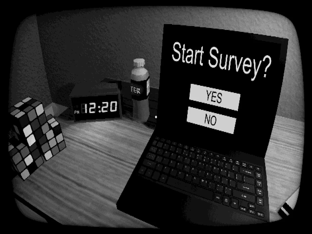 Start Survey? screenshot: a laptop on a desk asking Start Survey? with Yes and No buttons, beside a clock at 12:20, a bottle and a puzzle cube, in grayscale