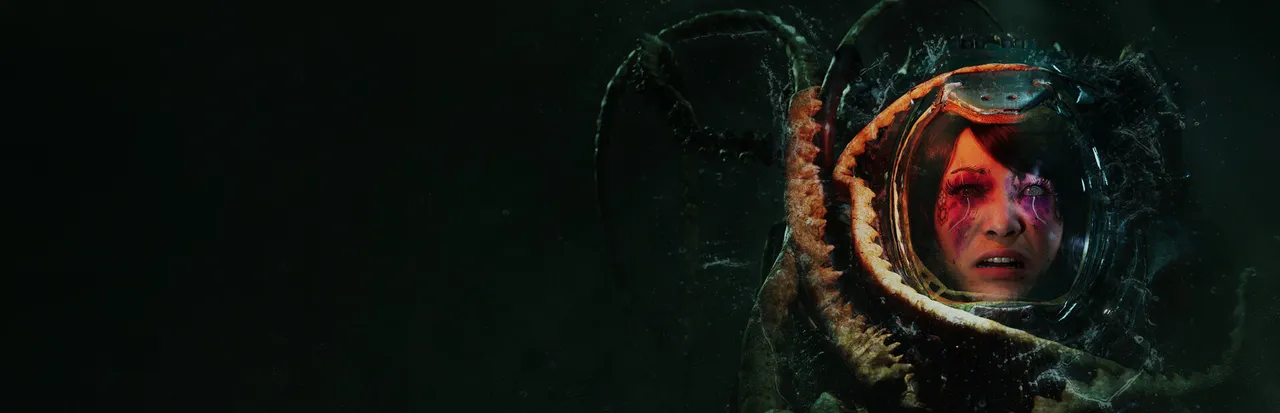 STASIS: BONE TOTEM key art: a woman with a scratched, bloodied face inside a diving helmet, wrapped in a pale tentacled growth