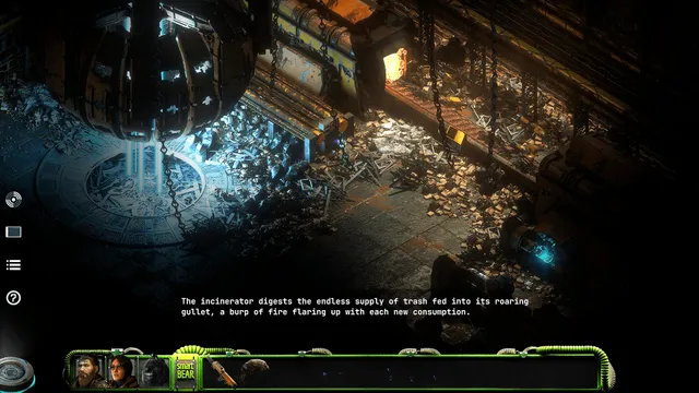An isometric view of a dark machine room where an incinerator glows beside piles of trash