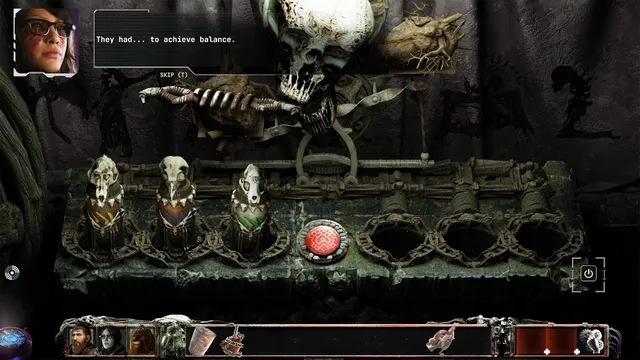 A puzzle screen: animal skulls set into a stone console under a large horned skull