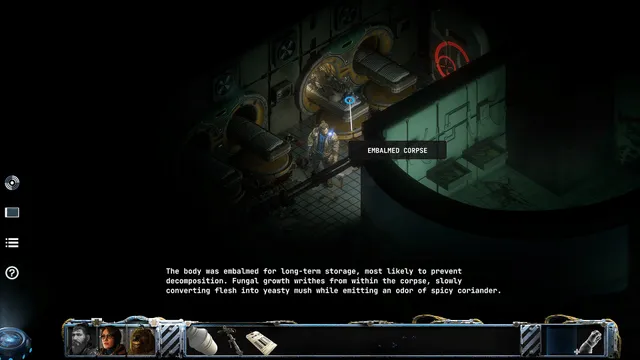 A dim lab with an embalmed corpse in storage and text describing fungus converting flesh