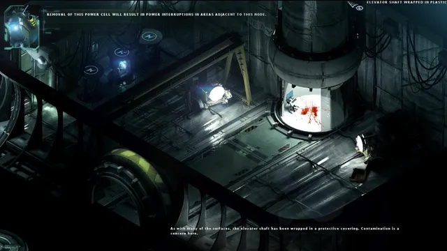 STASIS screenshot: a dark machine room where an elevator shaft wrapped in plastic is smeared with blood