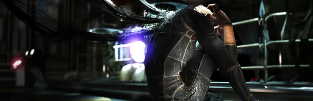STASIS key art: a bald man in a dark stasis suit sits hunched with a hand on his head, cables trailing from his back, a glowing pod behind him