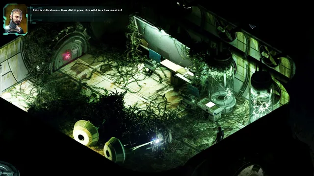 STASIS screenshot: an isometric lab overgrown with plants, as John asks how it grew this wild in a few months