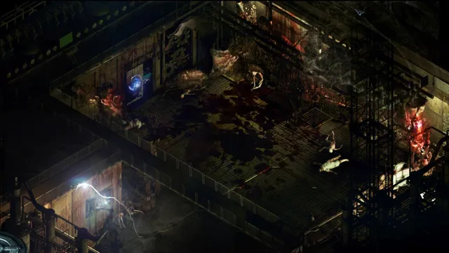 STASIS screenshot: an isometric deck pooled with blood, pale bodies lying across the grating and gore along the walls