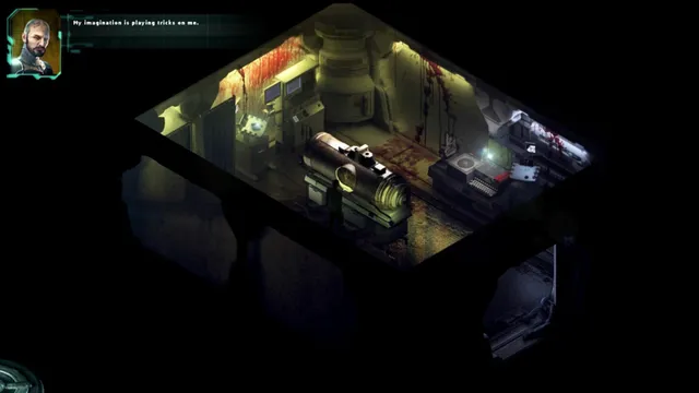 STASIS screenshot: a dim, blood-streaked cabin seen from above as John says his imagination is playing tricks on him