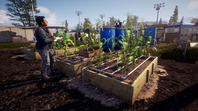 State of Decay 2 screenshot: a survivor with a clipboard tends raised garden beds of corn at the base