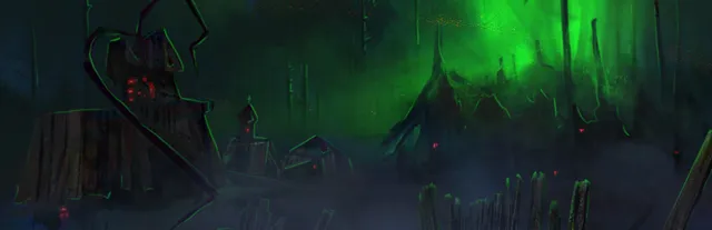 Static Dread: The Lighthouse art: a fishing village of crooked wooden houses with red glowing windows and eyes in a green fog