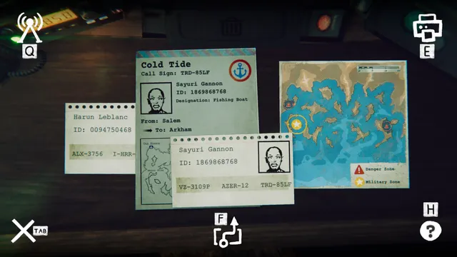 Ship ID cards with call signs and captains' photos beside a map of the islands with marked danger zones