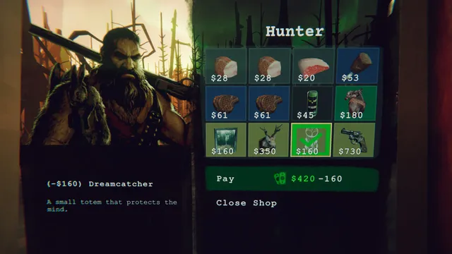 A bearded hunter at the door offering a shop of meat, totems and a revolver, with a dreamcatcher that protects the mind