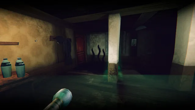 A dark room in the keeper's house lit by a flashlight, with black tentacles rising from the floor