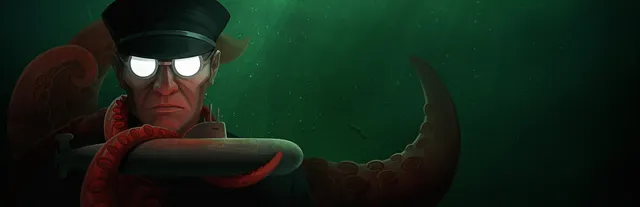 Static Dread: The Submarine art: a stern naval officer with glowing round glasses, a submarine and red tentacles behind him in green water