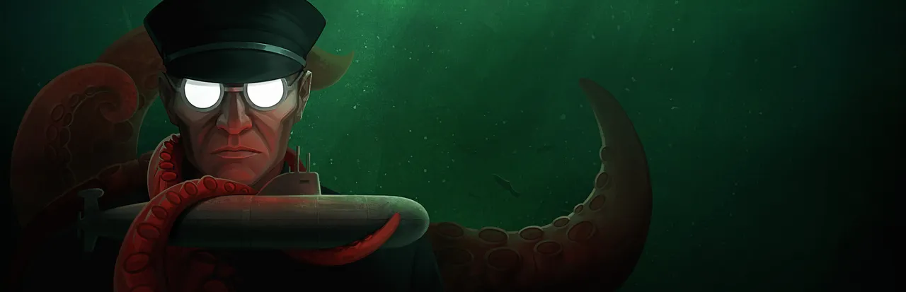 Static Dread: The Submarine art: a stern naval officer with glowing round glasses, a submarine and red tentacles behind him in green water