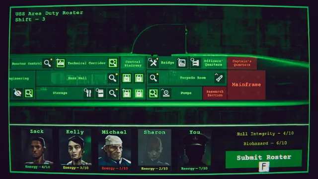 The green USS Ares duty roster screen, assigning crew to stations with energy, hull integrity and biohazard levels