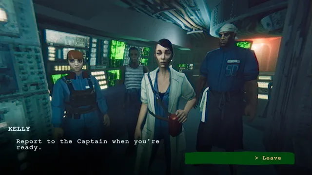 Four crew members in a submarine control room, one telling you to report to the Captain
