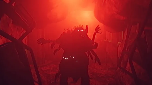A many-limbed creature with glowing eyes in a red-lit submarine corridor