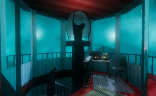 Stay Away From the Lighthouse screenshot: the lamp room at the top of the lighthouse with a desk of radios and windows onto the sea