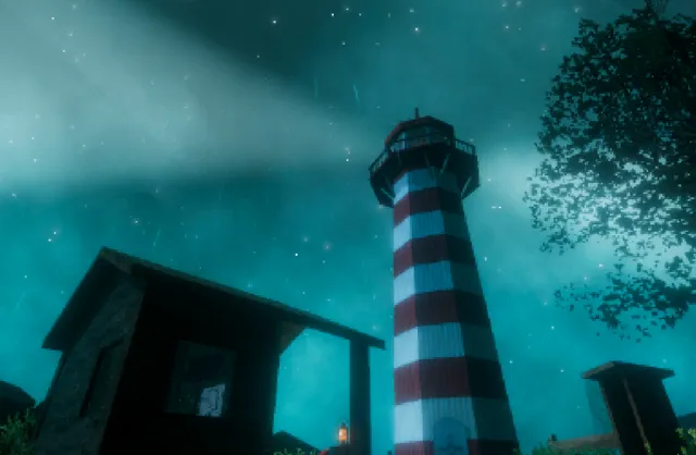 Stay Away From the Lighthouse screenshot: the red and white lighthouse beside a dark hut under a teal night sky