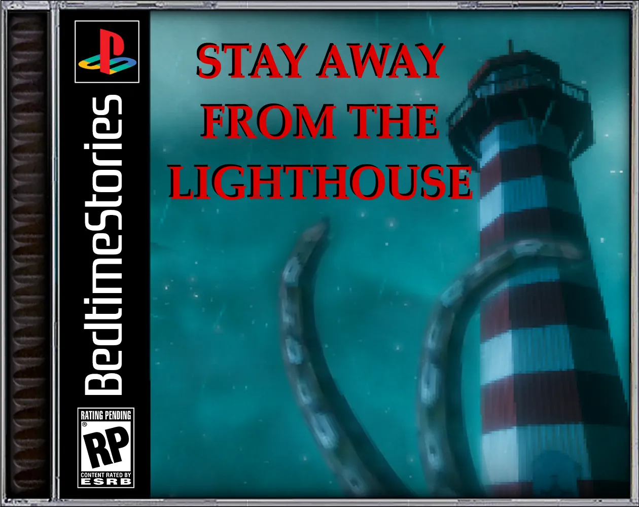 Stay Away From the Lighthouse cover drawn as a PS1 game case: grey tentacles curl round a red and white lighthouse under the title