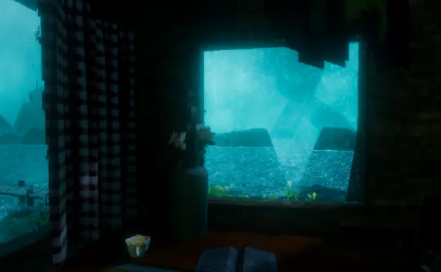 Stay Away From the Lighthouse screenshot: a blocky low-poly window looking out on teal water at night