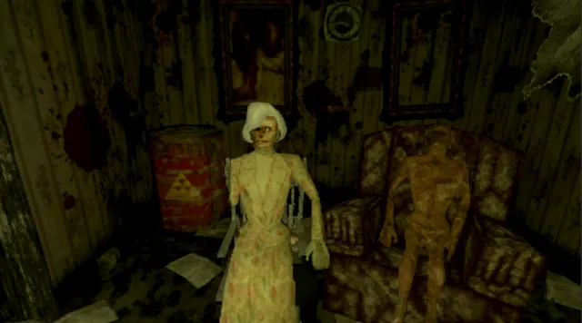 Stay Out of the House screenshot: an old woman and a skinless figure sit on a stained sofa in a filthy, blood-marked living room