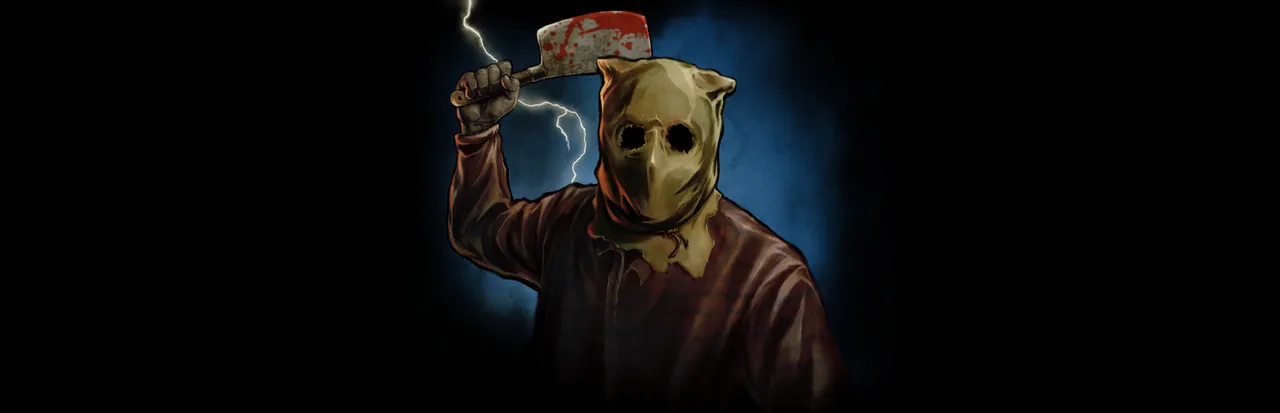 Stay Out of the House key art: the Butcher, in a burlap sack mask and plaid shirt, raises a bloody cleaver against a dark sky with lightning