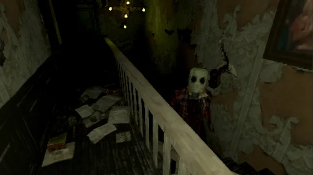 Stay Out of the House screenshot: the Butcher stands at the top of a dark staircase with peeling wallpaper and papers scattered on the floor