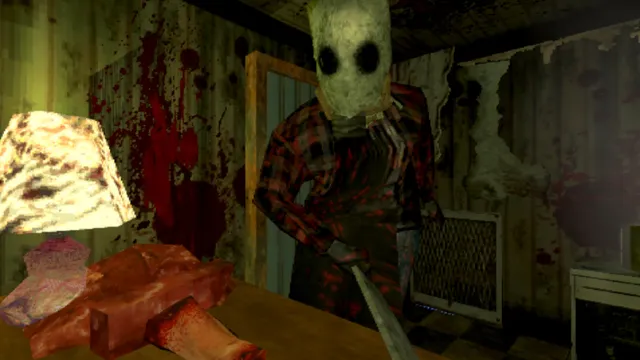 Stay Out of the House screenshot: the sack-masked Butcher holding a knife over a table of raw meat in a blood-spattered room