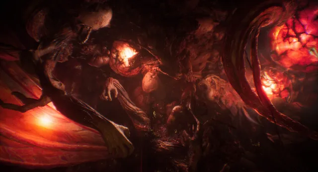 Still Wakes the Deep screenshot: a wall of twisted red flesh and limbs glowing inside the rig