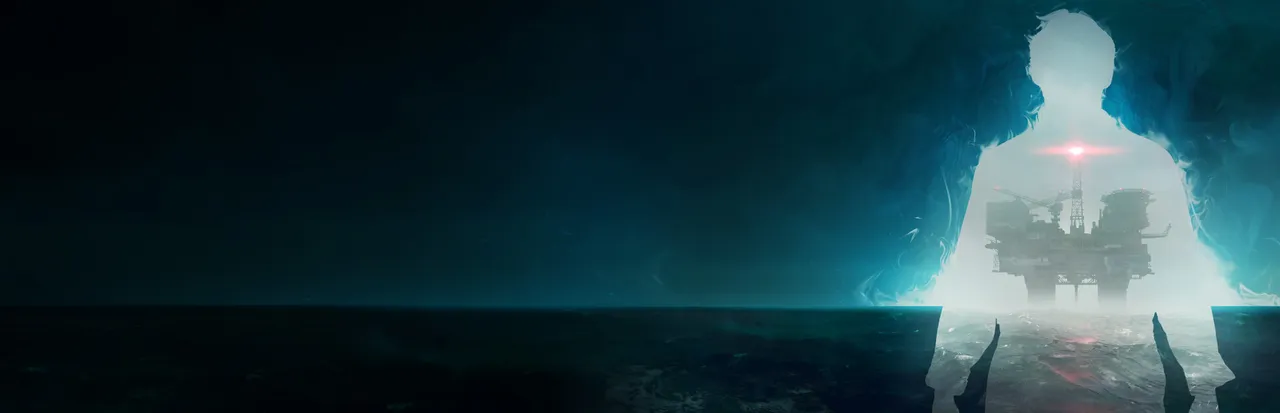 Still Wakes the Deep key art: the silhouette of a man filled with the image of an oil rig, glowing over a dark sea