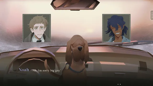 Stillwater screenshot: a bloodhound in a car's front seat between portraits of Hugo and Noah