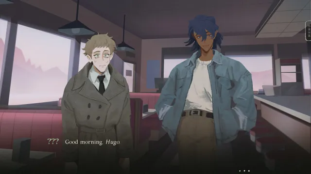 Stillwater screenshot: Hugo in a grey trench coat and a man in a denim jacket in a diner, as a voice says good morning