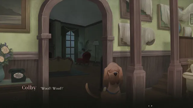 Stillwater screenshot: Colby the bloodhound in the hallway of an old house with a rotary phone and sheet-covered paintings