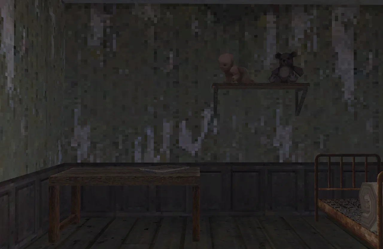 Stone House Orphanage screenshot: a bare dormitory with peeling green walls, an iron bed and a doll and teddy bear on a shelf