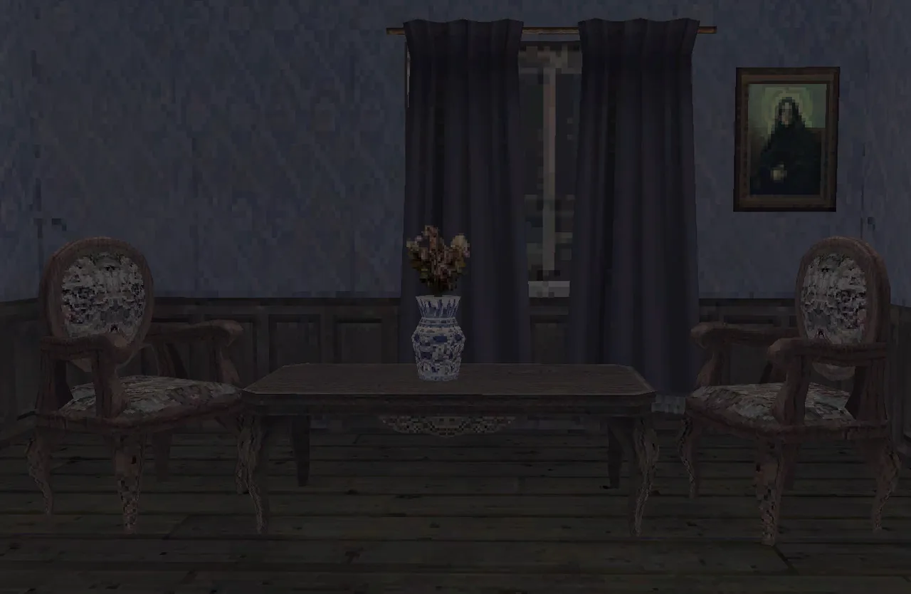 Stone House Orphanage screenshot: a gloomy sitting room with two armchairs, a table with dried flowers and a portrait of a nun