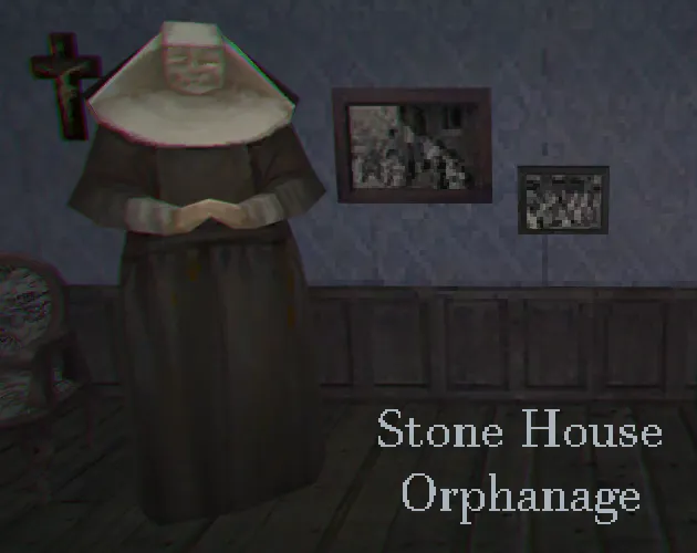 Stone House Orphanage cover: a smiling nun in a dark habit stands in a dim room under a crucifix and old photographs