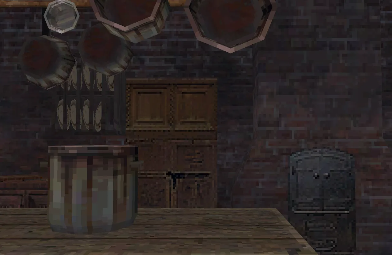 Stone House Orphanage screenshot: a brick kitchen with copper pots hanging over a wooden table and an iron stove